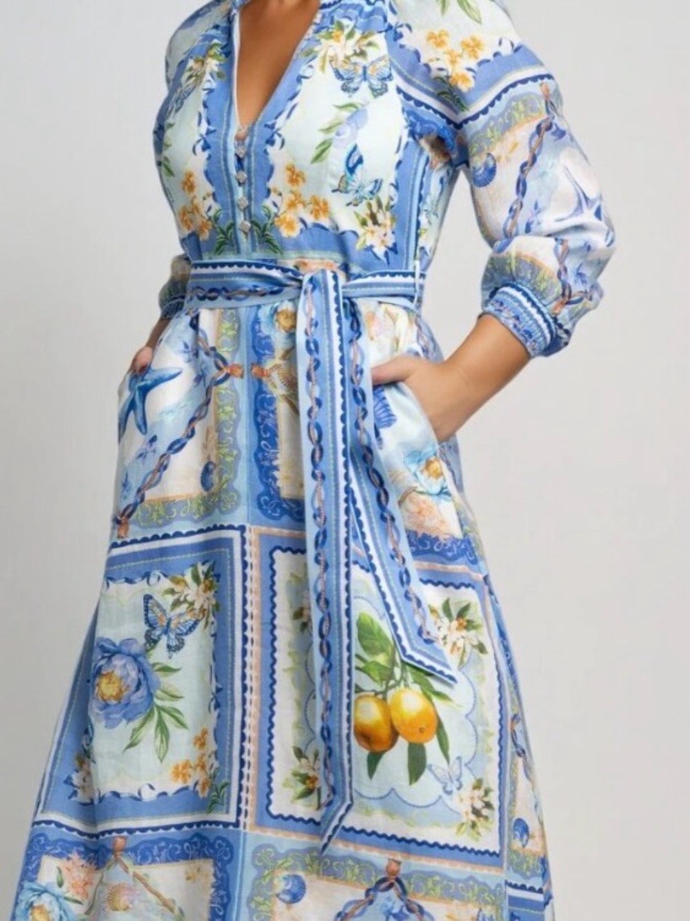 Hale Bob Blue & White Floral Scarf-Print Belted Midi Dress